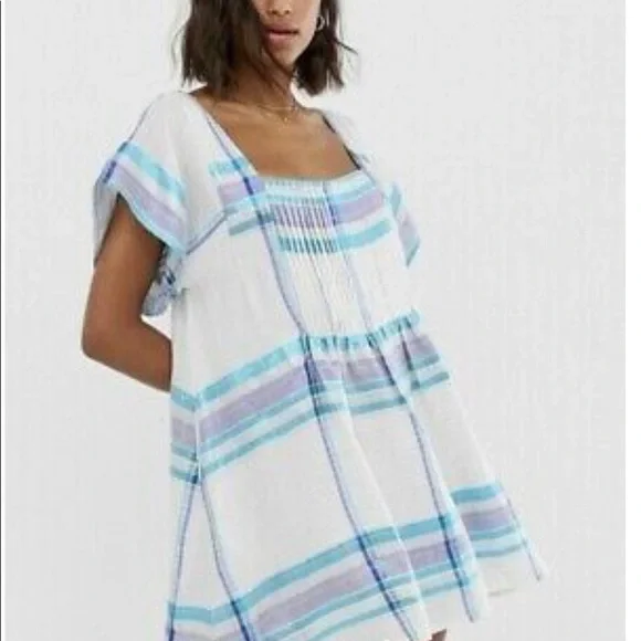 Free People Mini Dress White Blue Metallic Plaid S - Picture 7 of 13